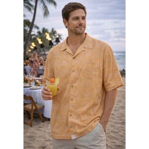 Tommy Bahama Mens XL Silk Blend Tropical Palm Jacquard Camp Shirt Orange Salmon